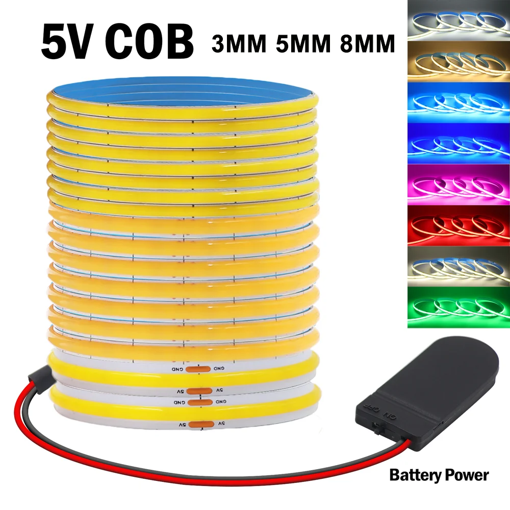 DC5V COB LED 스트립 320LEDs/M 고밀도 플렉시블 COB LED 테이프 야간 조명 배터리 구동 리본 DIY TV 백라이트 3mm 5mm 8mm