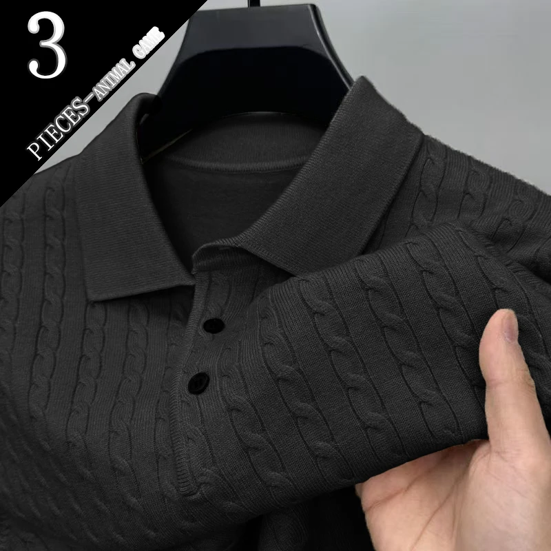Animal Game 3 Pack Men's Knitted Pullover T-shirts Cable Button Polo Sweaters V-neck Long Sleeve Outdoor Business Polo Shirts