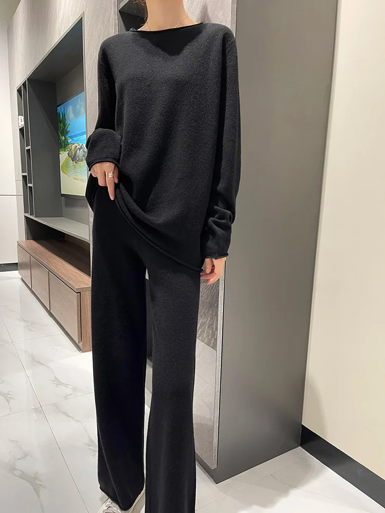 SZDYQH 100% Merino Wool Suit Autumn/Winter New Fashion Two-Piece Set Women's Round Neck Pullover Casual High Waisted Pants Suit 4