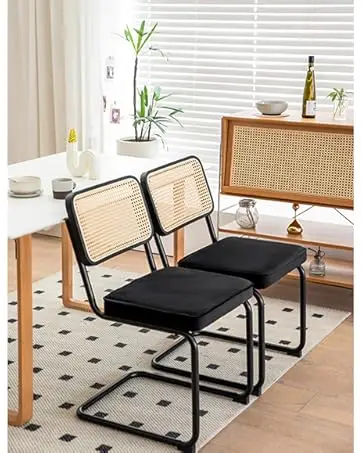 morden dining chair set of 2 velvet rattan side accent chairs with metal black painted legs