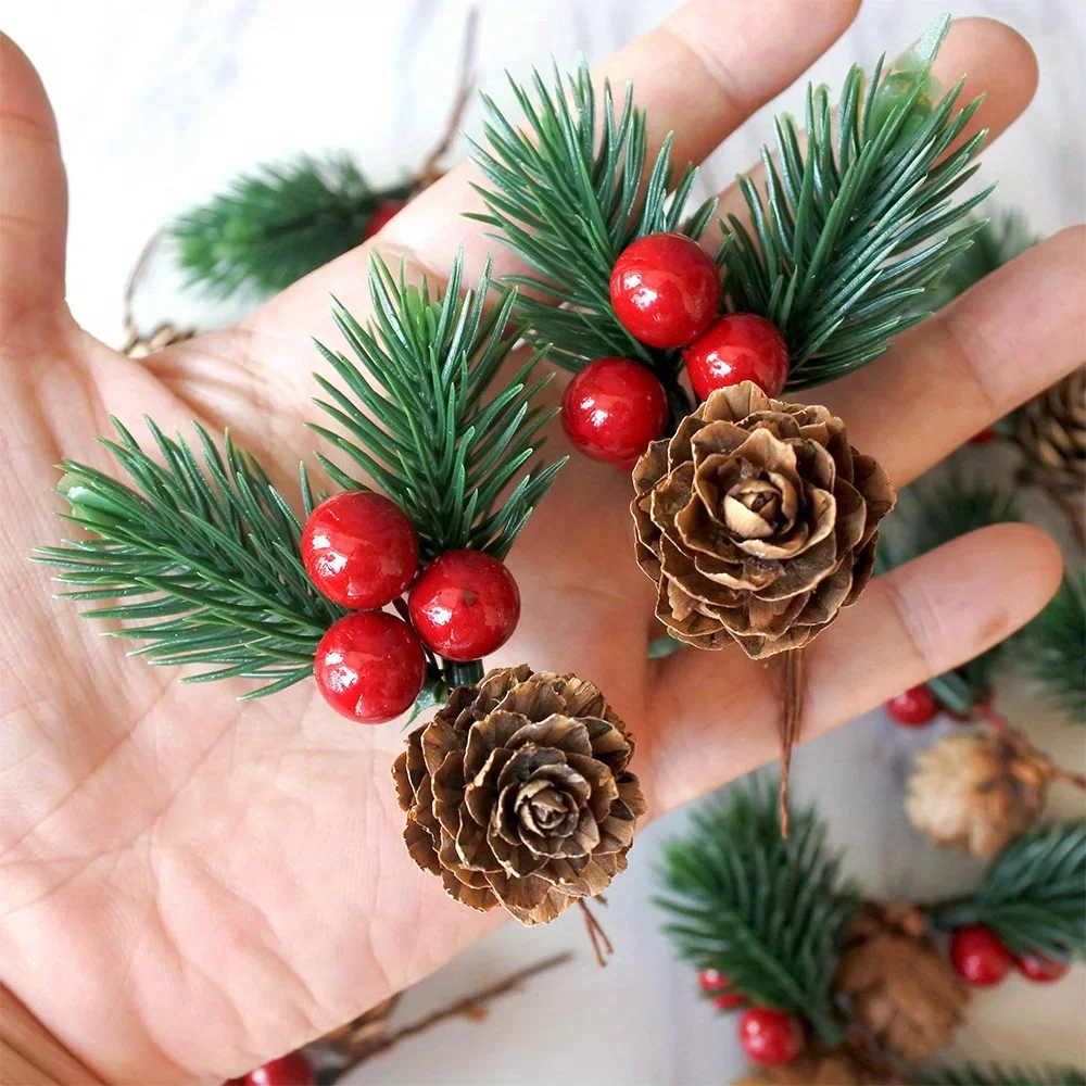 10/30 pezzi di rami di pino con stelo di bacche rosse, pigne artificiali, fiori da raccogliere, ghirlanda fai da te, rami di albero di Natale, decorazioni_voghion.com