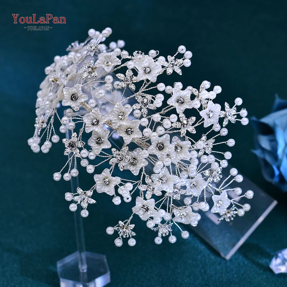 TOPQUEEN Bridal Headband Bride Hair Decoration Wedding Women Headpiece Shell Flower Hair Accessories Rhinestone Headwear HP676
