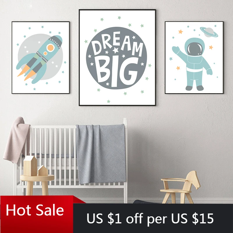 

Astronaut Poster Space Rocket Baby Nursery Wall Art Canvas Painting Scandinavian Print Kids Baby Room Decoration Picture