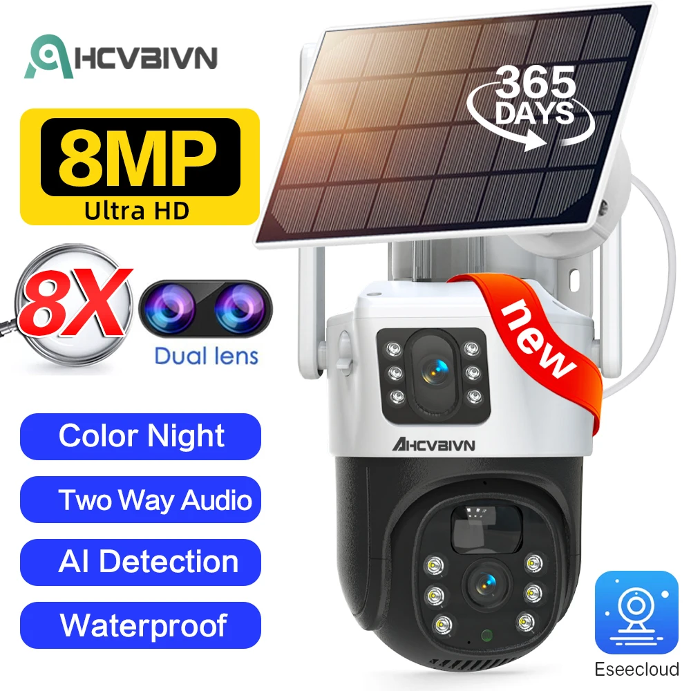 Telecamera Wifi Solare A Doppia Lente 8Mp Telecamera Ip Di Sorveglianza Esterna Impermeabile Pannello Solare Pir Rilevamento Umano Cam Motion Detectio