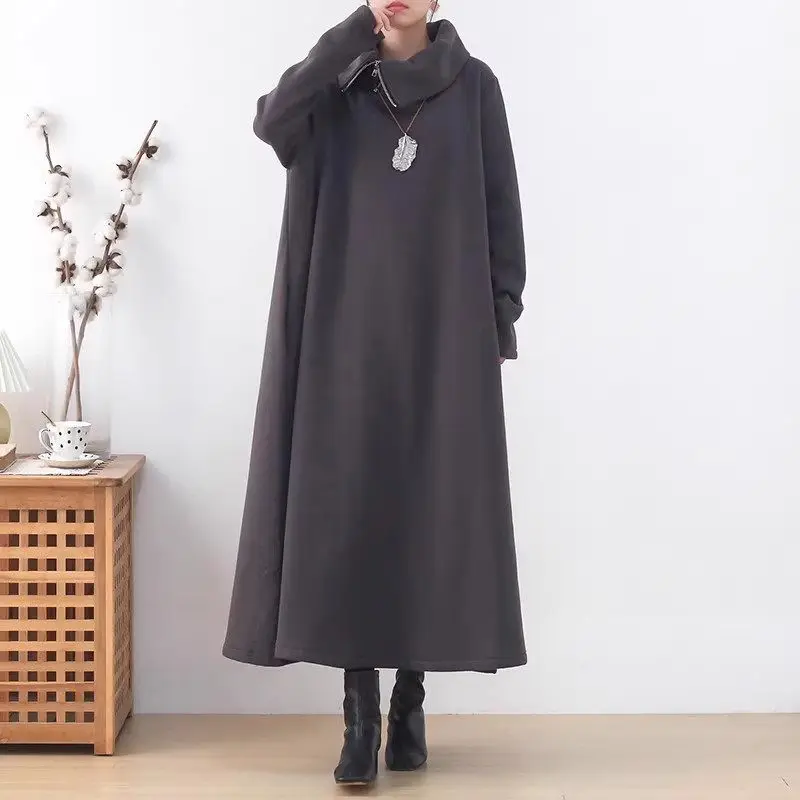 

Женское флисовое платье-свитшот большого размера, новинка осень/зима 2023, утолщенное длинное платье с высоким воротником и молнией, C094