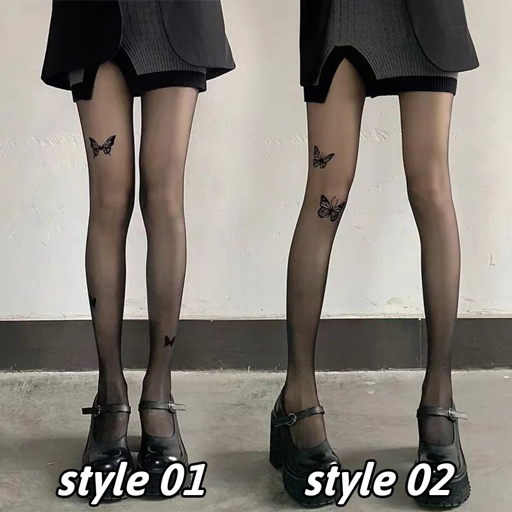 Sexy Women Black Tights Vintage Butterfly Print - Uniqwear