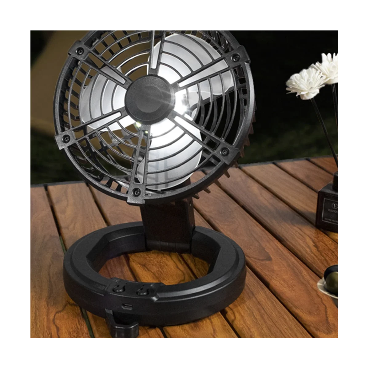 Camping Fan Portable Rechargeable Fan with Lamp Desk Folding Dormitory Telescopic Small Outdoor Lamp(Black)