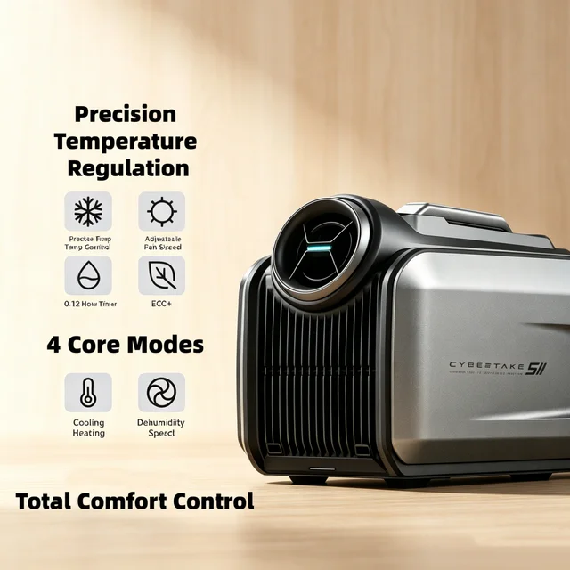 Climatiseur portable Cybertake S2 Pro 5100 BTU de refroidissement et 6100 BTU de chauffage, classe énergétique A 2.9 EER, unité AC silencieuse avec 4 modes, résistant à l'eau IPX4 pour le camping, les camping-cars, les tentes, la maison et l'extérieur 1