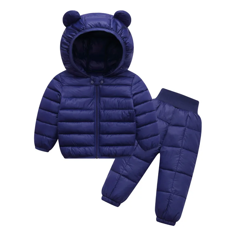 1-4Y Kids Bear Ear Hooded Puffer Set Solid Color Toddler Warm Coat and Pants 2 - Piece Outfit