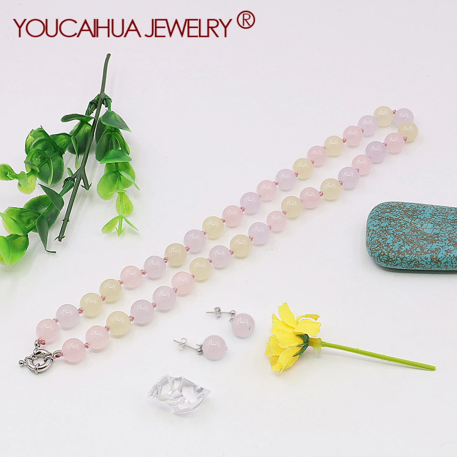 10mm Natural Chalcedony Round Bead Necklace/Earring Sets,18 Inch Neck Chain,Transparent and Smooth,Gift for Women,Lucky Beads