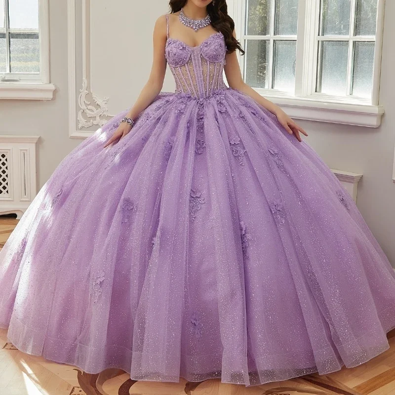 Angelsbridep Lilac Vestidos De 15 A&ntilde;os Ball Gown Quinceanera Dresses Spaghetti Straps Beads 3D Appliques Party Dress