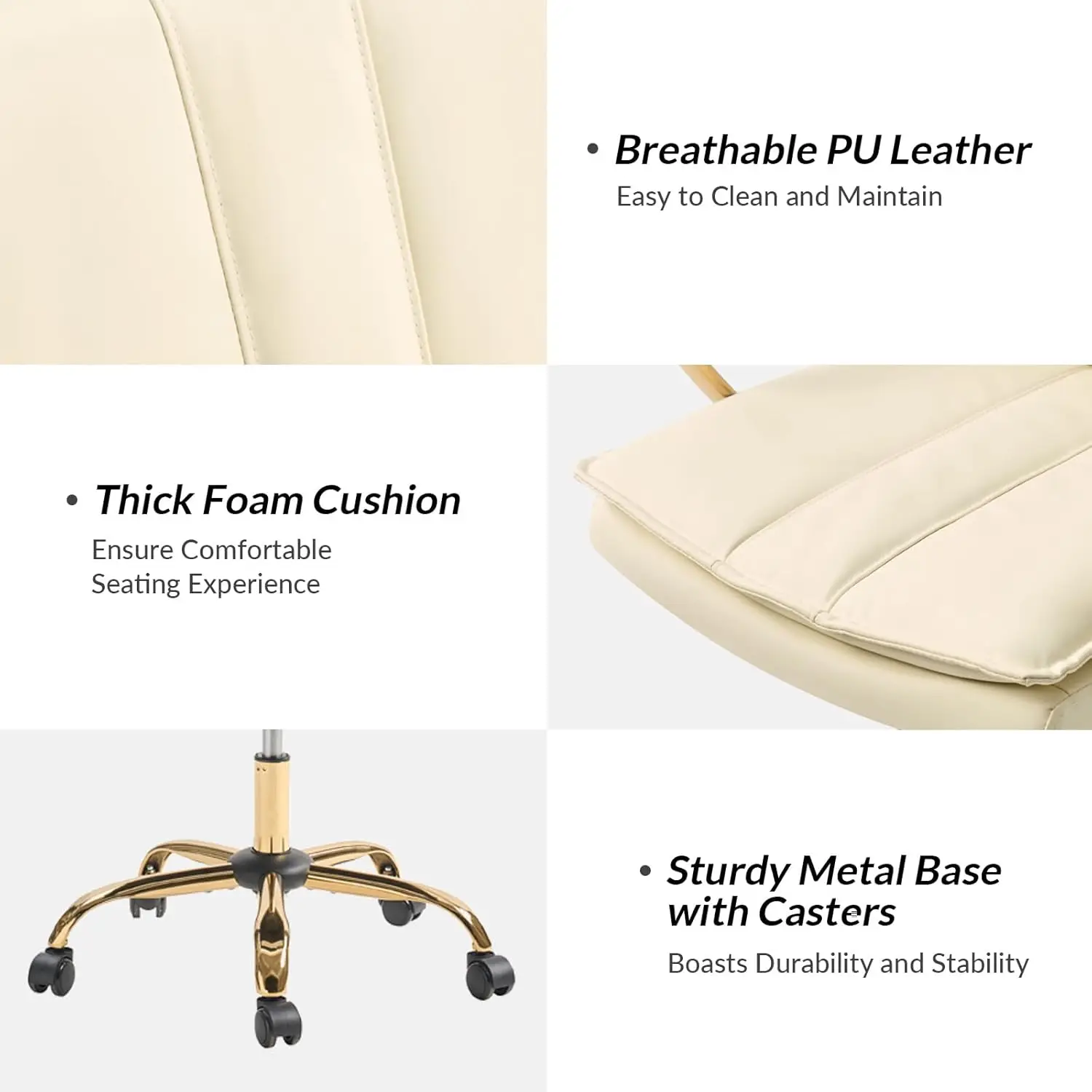 Hulala Home Faux Leather Office Chair, Modern Adjustable Swivel Rocking Rolling Wheels Computer Desk Chair With Gold Legs And 5