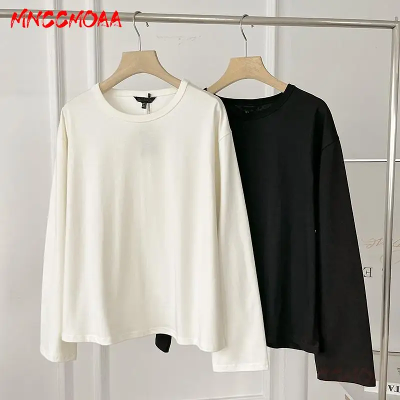 

2023 Осенняя Женская модная свободная футболка MNCCMOAA с круглым вырезом и длинным рукавом, топ, Женская однотонная Повседневная Универсальная футболка
