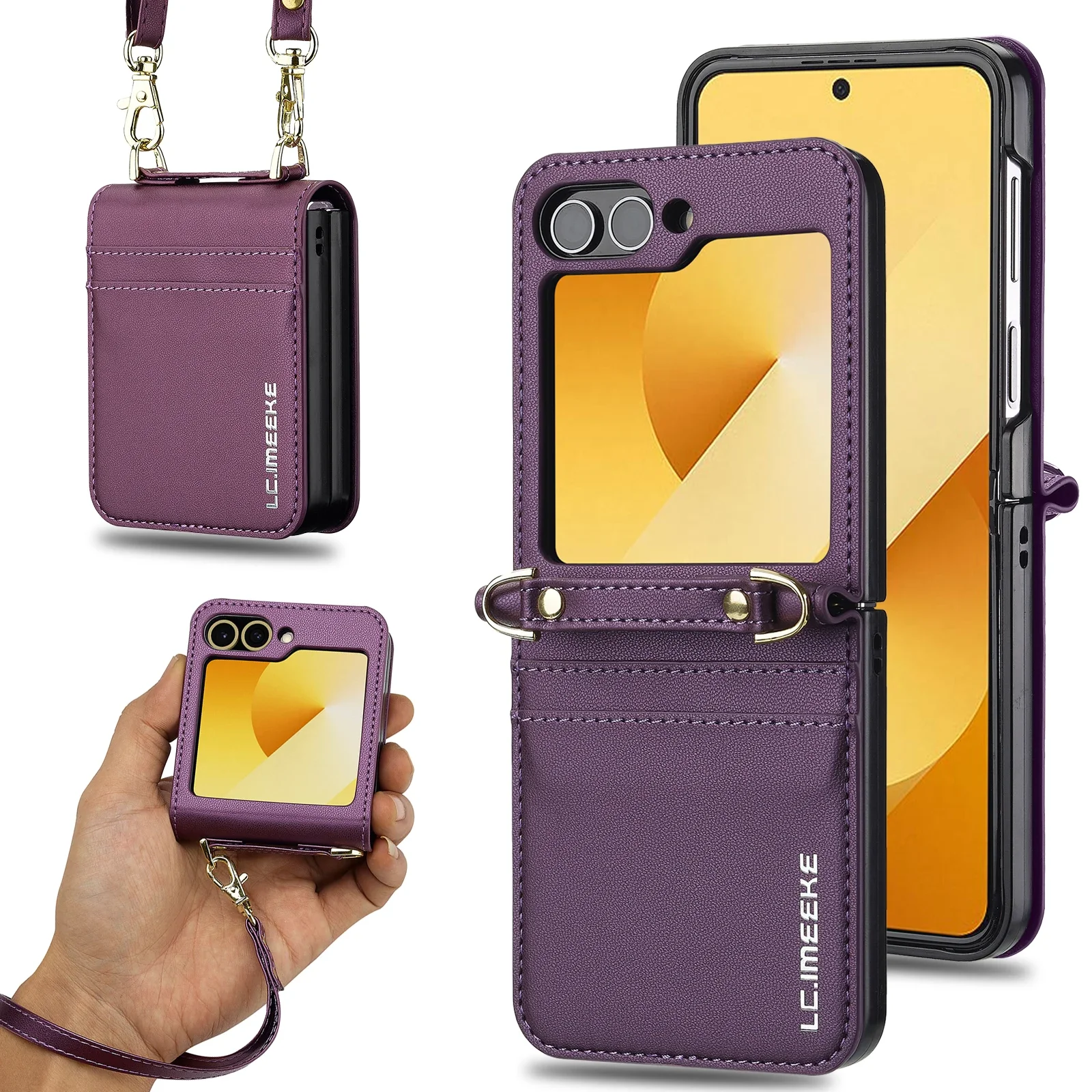 Crossbody Leather Card Slot Wallet Case with Hand Strap and Lanyard