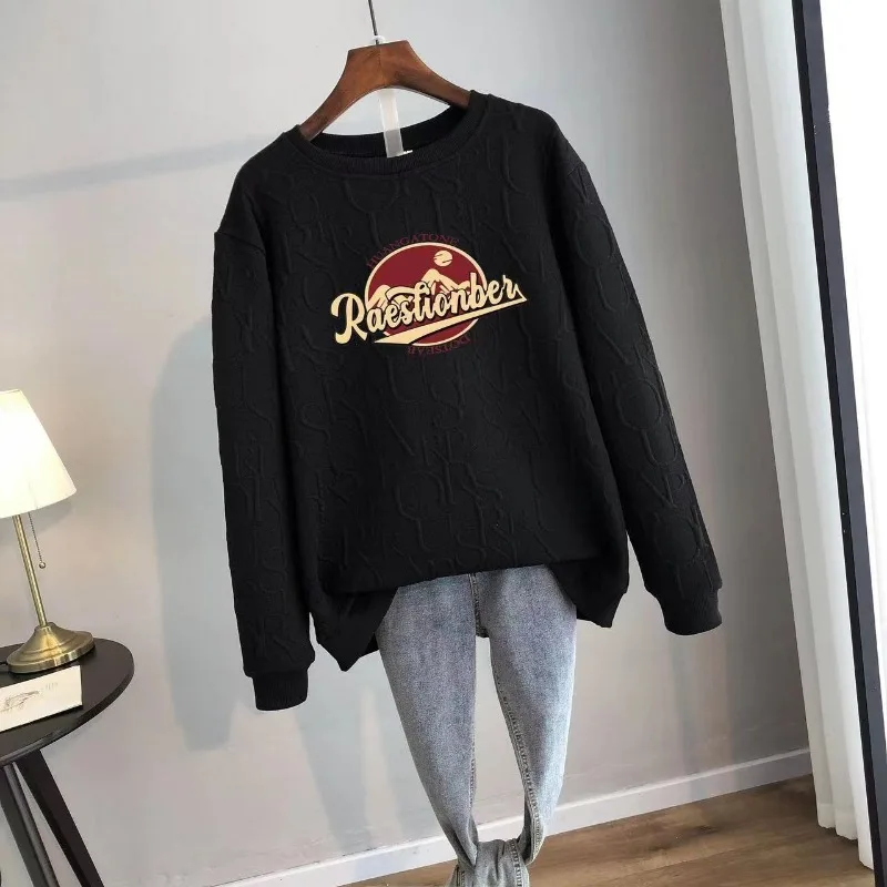 Spring Autumn Women's Pullover Round Neck Solid Cartoon Letter Printing Lantern Long Sleeve T-shirt Hoodies Casual Loose Tops