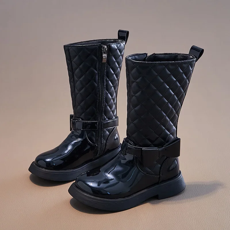 Girls Black Boots Glossy 2025 Side Zipper Children High Boots Bow Kids Versatile Casual Shoes for Catwalk Britain Style Non-slip