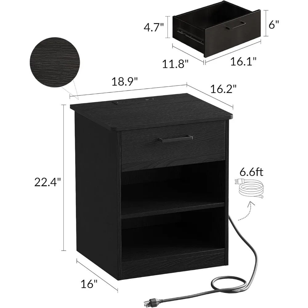 Everyday Side Table with Fast Charging Station - USB C Cable Fast Charging, Wooden Black Nightstand Bedside Table with Drawer 3