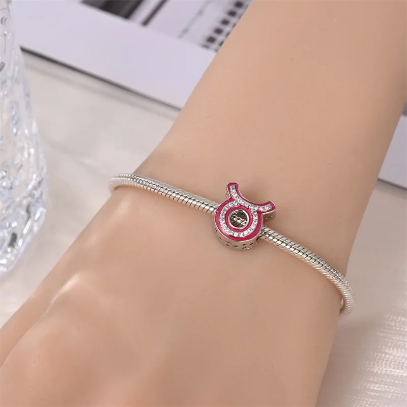 Neue Original 100 % 925 Sterling Silber Zwölf Konstellationen Serie Rosa Charms Perlen Fit Qikaola Armbänder DIY Geburtstag Schmuck – Detail 6