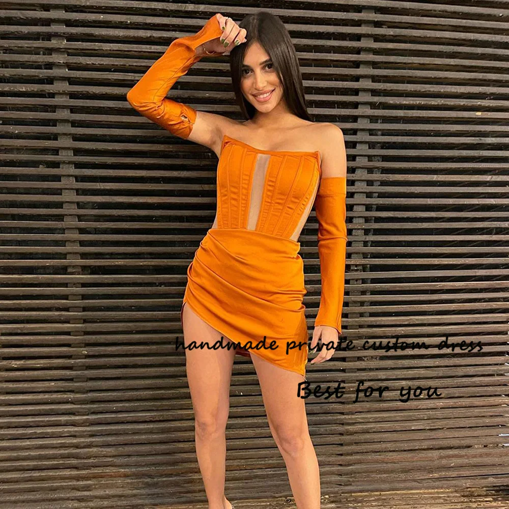 GoldSatinShortCocktailDressesPleatsStraplessSexyMiniPromParty