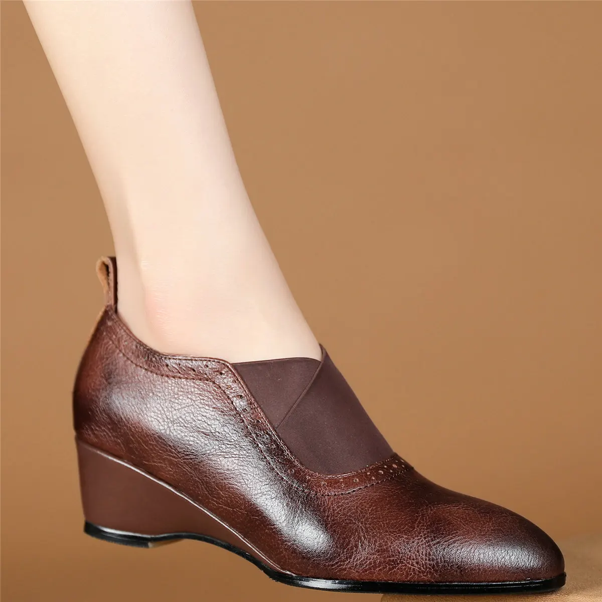 

Elastic Band Platform Oxfords Shoes Women Genuine Leather Wedges Med Heels Pumps Female Round Toe Fashion Sneakers Casual Shoes