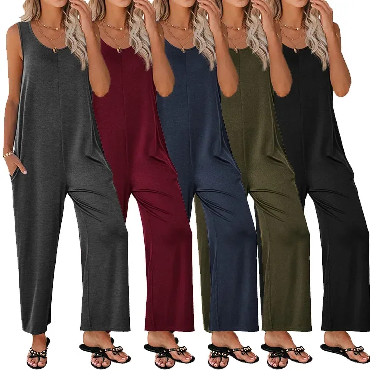 

Women Jumpsuits Overalls Slash Neck Sleeveless Solid Color Straight Pants High Street Pockets Loose Casual Mid Waist 2023