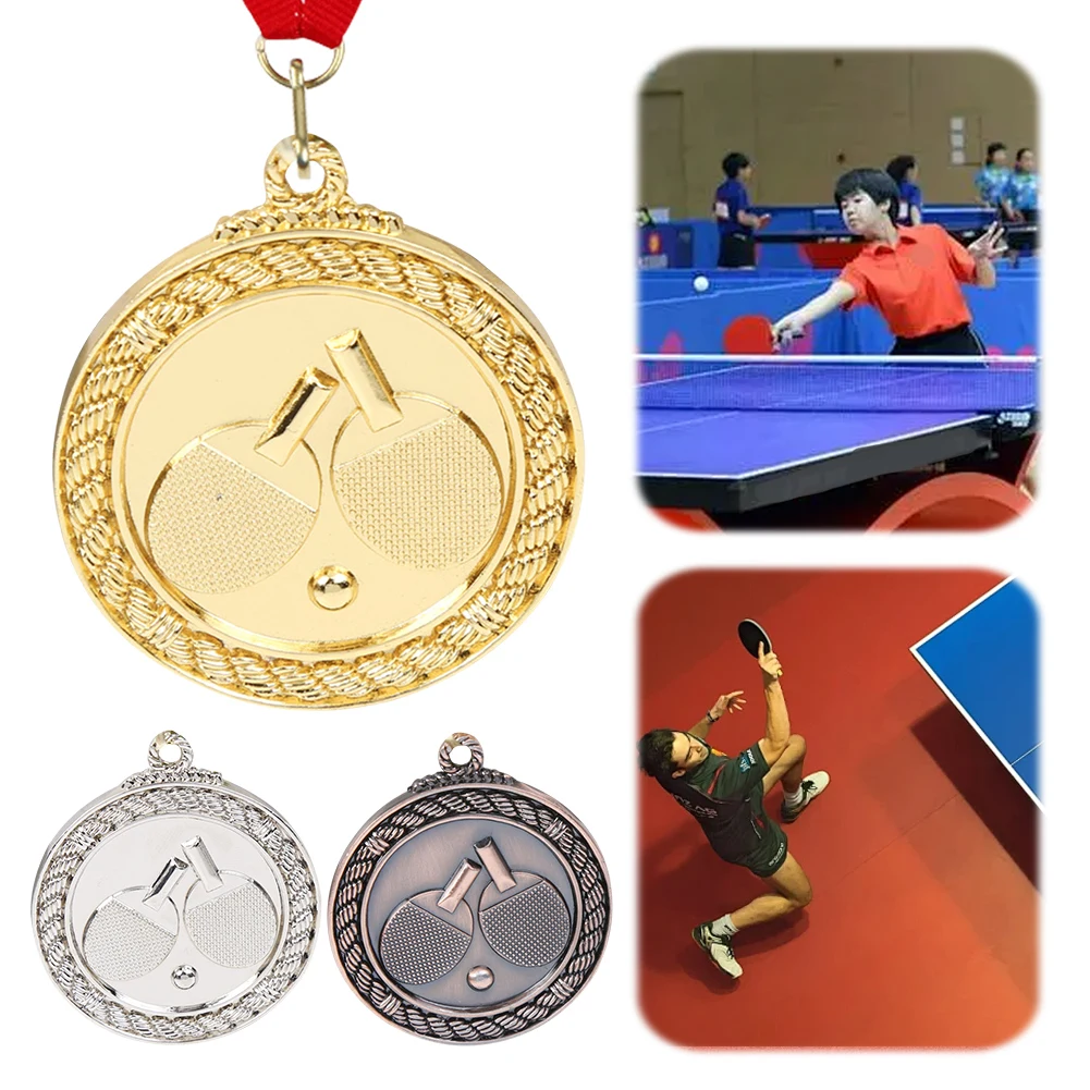 5cm Ping Pong Medal Gold/Silver/Bronze Medal with Neck Ribbon Sports Medals Metal Winner Medals for Marathon Ball Games