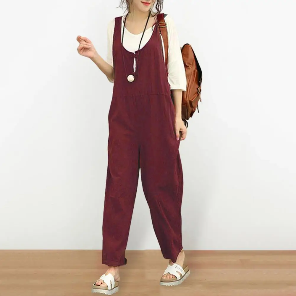 

Women Jumpsuit Summer Sleeveless Scoop Neck Casual Jumpsuit Solid Color Loose Ladies Long Overall Daily Wear