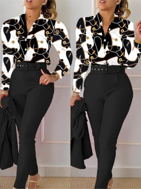 Elegant Women Printed Two Piece Suit Sets Spring Autumn V Neck Long Sleeve Shirt Top & Long Pants Set With Belt Workwear Outfits 1