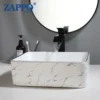 ZAPPO White Marbling Bathroom Sinks 16 inch Ceramic Vessel Sink Above Counter Bathroom Vessel Sink with Faucet and Drain Combo 1