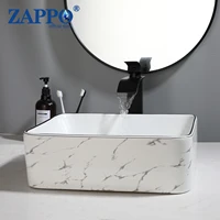 ZAPPO White Marbling Bathroom Sinks 16 inch Ceramic Vessel Sink Above Counter Bathroom Vessel Sink with Faucet and Drain Combo 1