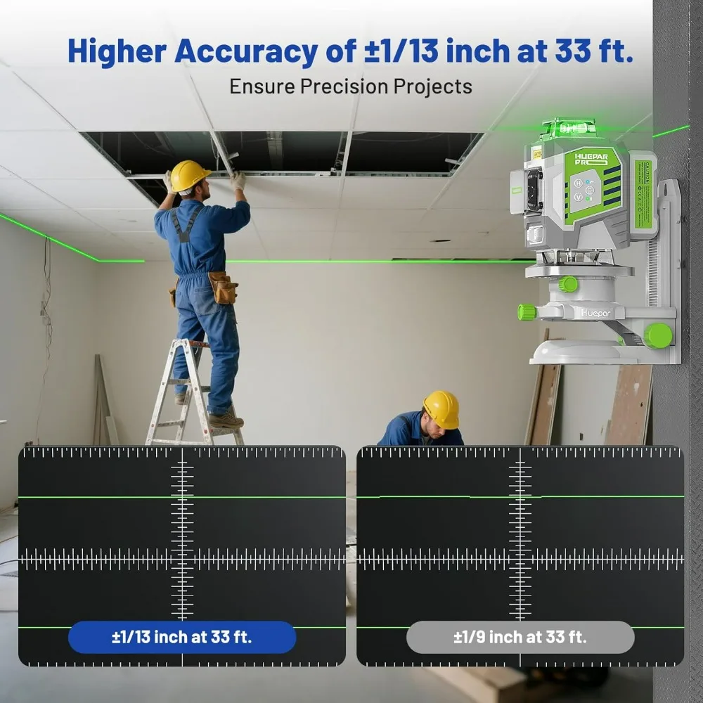 Self-Leveling 360° Green Cross Line Laser Level with Remote Control and 8000mAh Rechargeable Battery