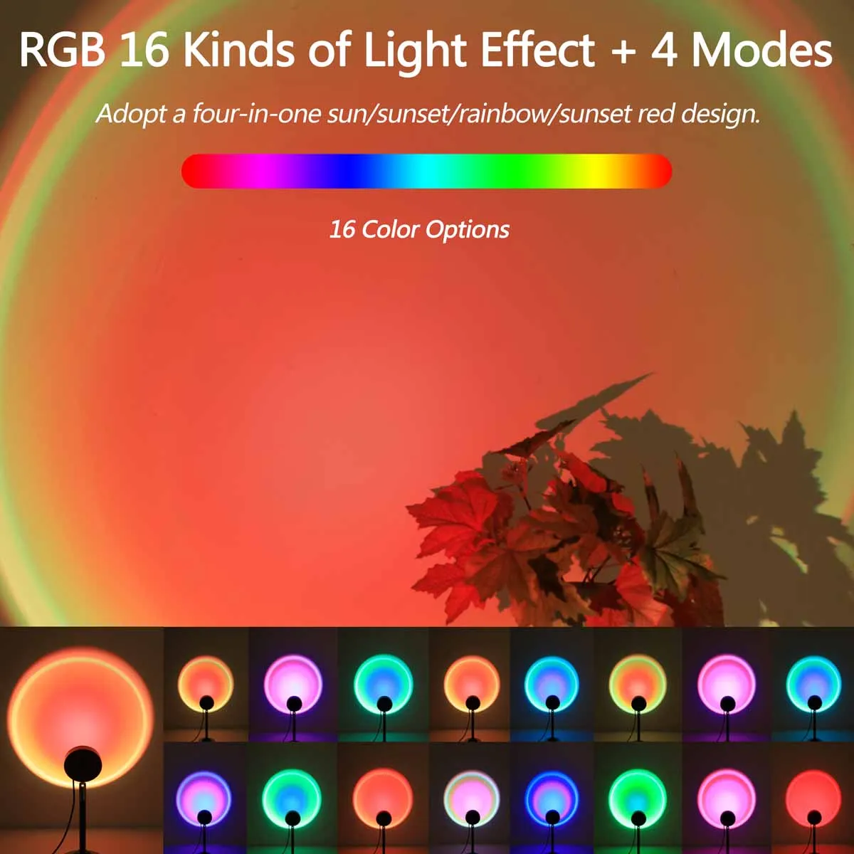 USB Sunset Projection Light, Remote Control 16 Colors, 180 ° Rotation, Suitable for Bedroom Photography Atmosphere Decoration 2