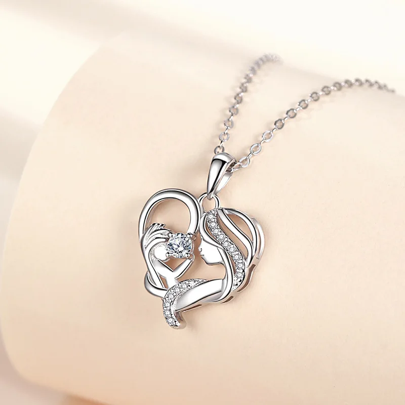 

Mother's Love Sterling Silver S925 Necklace Mom Heart Love Necklace Micro Setting Geometric Pendant Necklaces Women's Jewelry