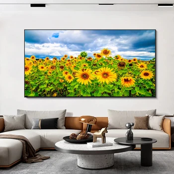 풍경 해바라기 필드 푸른 하늘 구름 캔버스 회화 북유럽 포스터 및 인쇄 벽 예술 사진 홈 장식 프레임 없음 상품 이미지