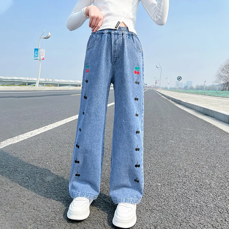 pad stum Som regel Girls Spring Hot Sale Jeans With Cherry Pattern Kids Wide Leg Pants For  Children Casual Clothes Trousers 5 6 8 10 12 14years Old - Kids Jeans -  AliExpress