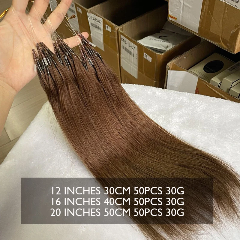 2# 8D Human Hair Natural Straight Dark Brown Nano Ring Hair Extensions 12 16 20 inch Lightweight 50 strands/pack