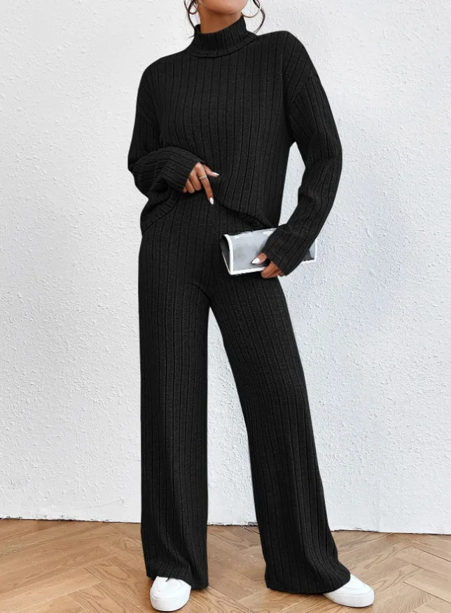 Casual Solid Color Knitted Pants Sets Women Long Sleeve Turtleneck