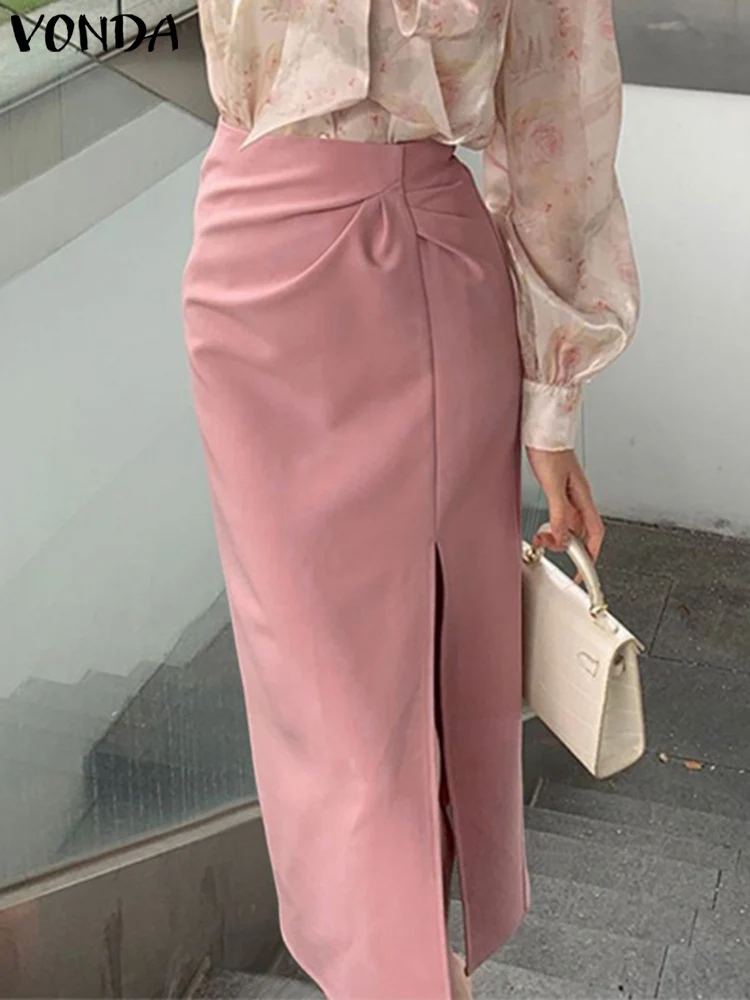 

Elegant Split Skirt Women Summer High Waist Pleated Fashion Midi Skirts 2023 VONDA Casual Solid Color Loose Streetwear Bottoms