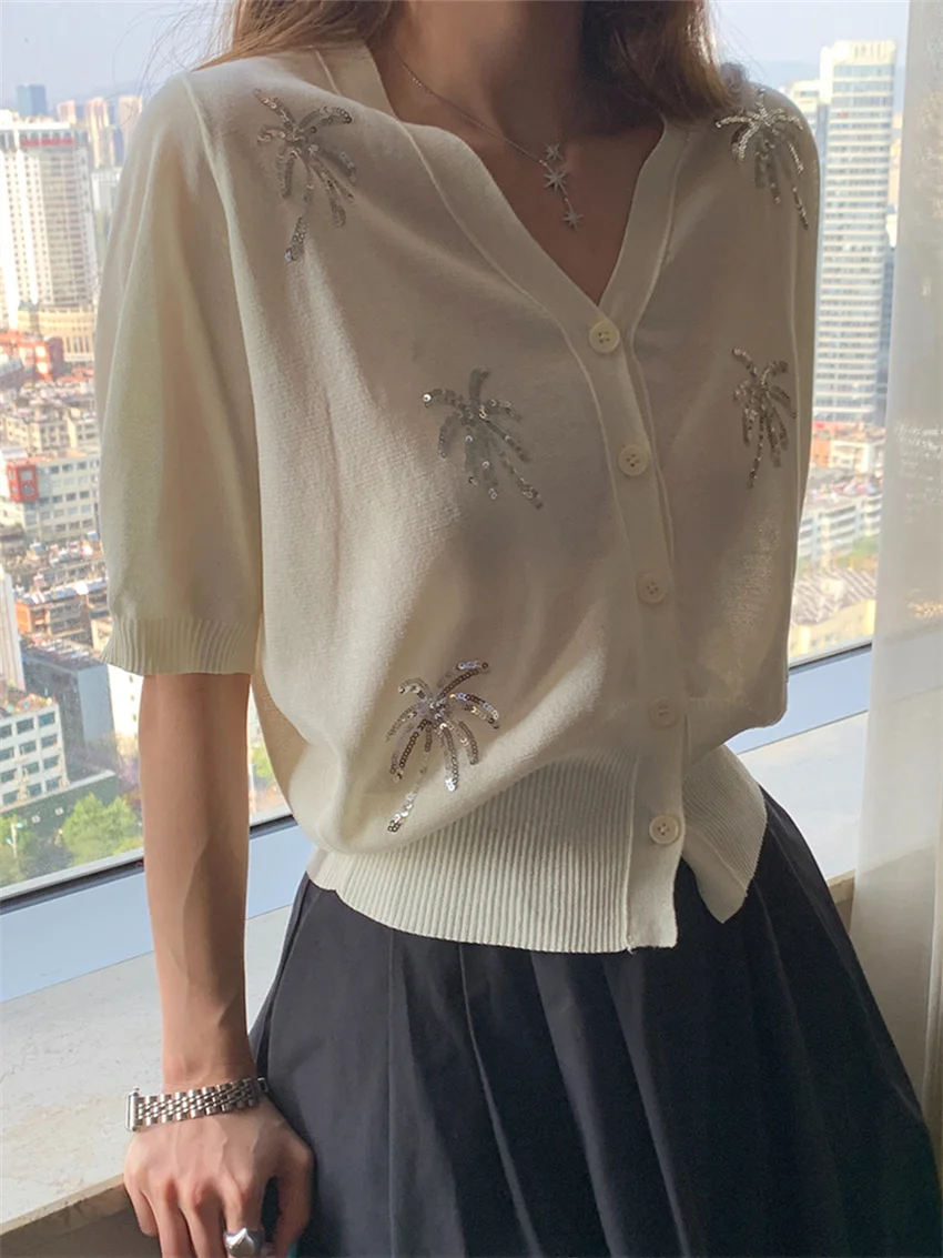 

Женский трикотажный жакет с блестками Alien Kitty, тонкий Свободный Повседневный офисный свитер с коротким рукавом, подходящий ко всему, лето 2024