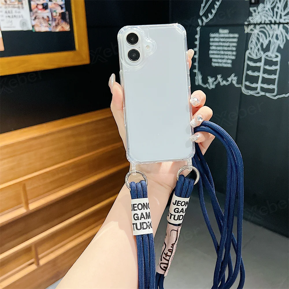 Étui de téléphone transparent avec lanière et collier en bandoulière pour iPhone 15 16 14 Pro Max 14 13 12 11, housse de protection antichoc à coussin d'air_voghion.com