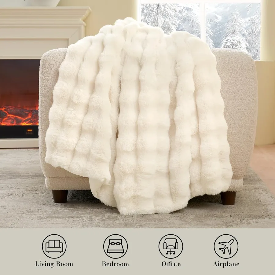Faux Fur King Size Blanket Fuzzy Soft Plush Thick Bubble Blanket for Bed Sofa Bedroom Living Room 108 x 90 Inches Cream White I