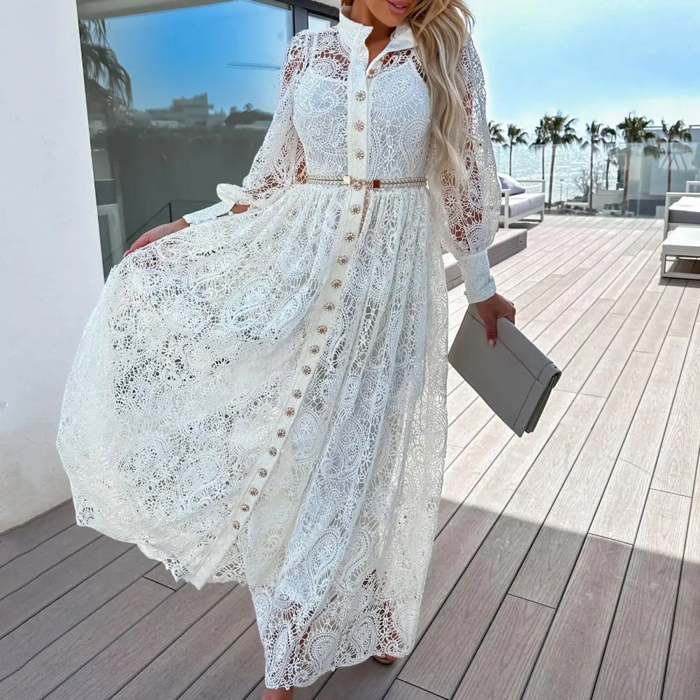 

Women Autumn Long Dress Lapel Long Sleeve Hollow Out Embroidery Lace Shirt Dress Waist Tight Single Breasted Party Maxi Dresses