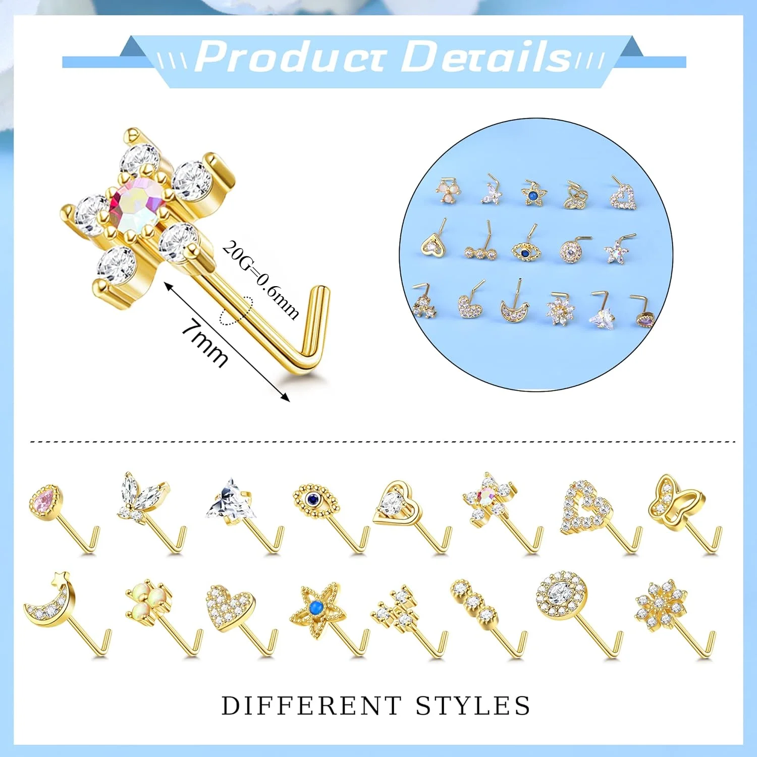 Nose Studs 20G Surgical Steel L Shaped Nose Rings Studs for Women Opal CZ Heart Butterfly Elegant Piercing Jewelry