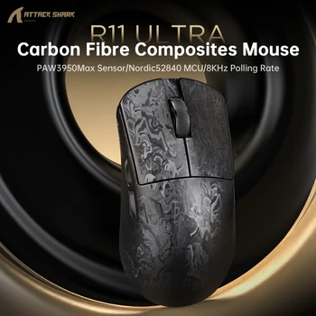 ATTACK SHARK R11 ULTRA Carbon Fiber Wireless Gaming Mouse, 8000Hz 49g 42000DPI, PAW3950MAX Nano-Metal Ice Coating BT/2.4G/USB-C 1
