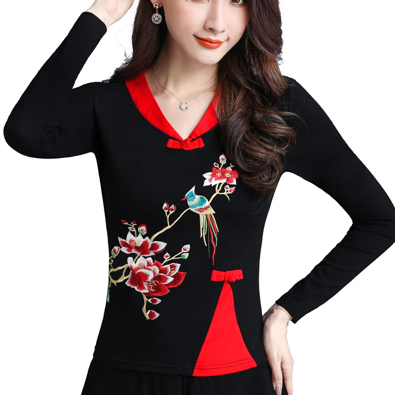 tradicionales, camisas chinas para estilo chino, Top bordado de rana, camisetas elegantes para mujer|Blusa| -