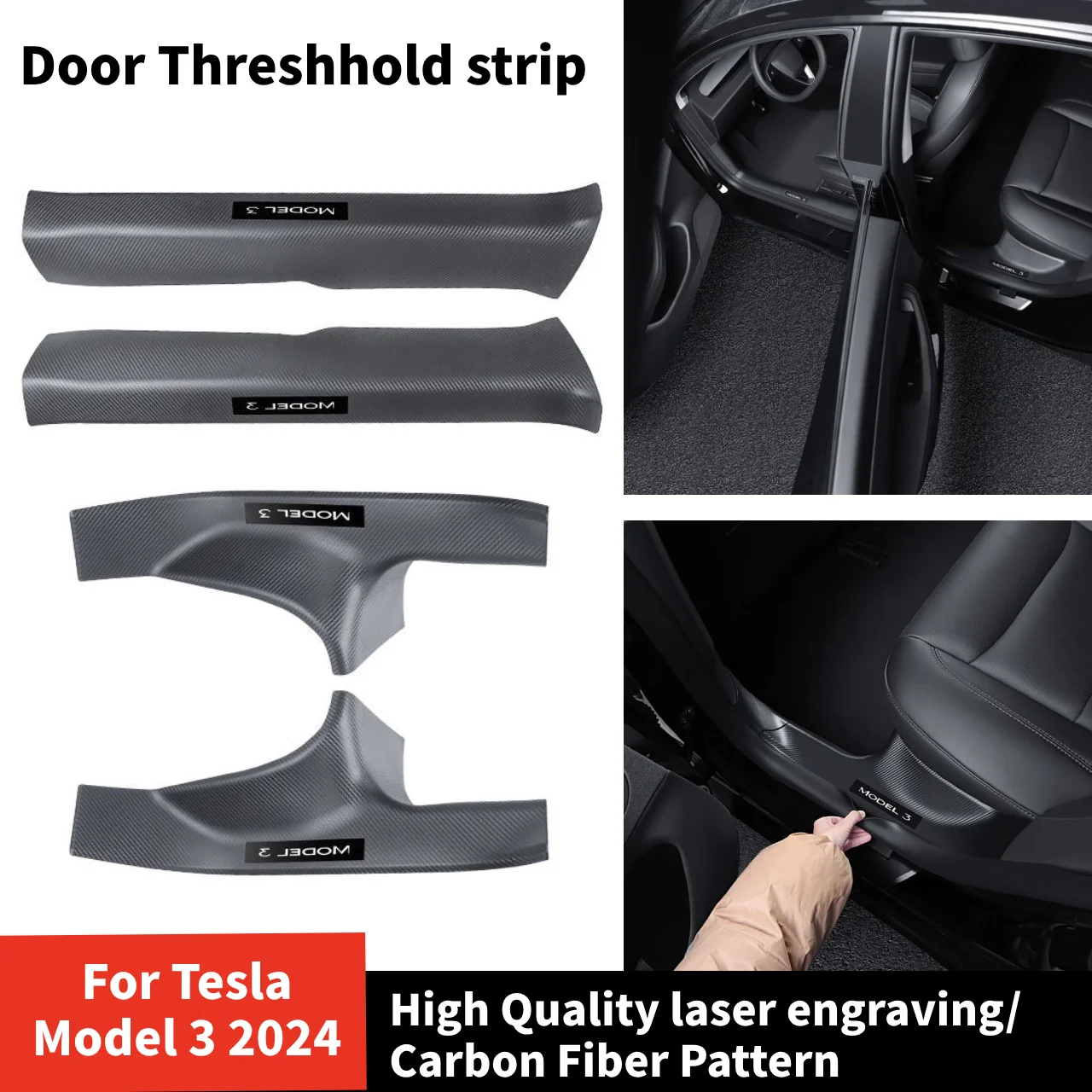 For Tesla Model 3 Front and Rear Row Inner Door Sill Strip Protection Accessories Waterproof Stain-Resistant Carbon Fiber