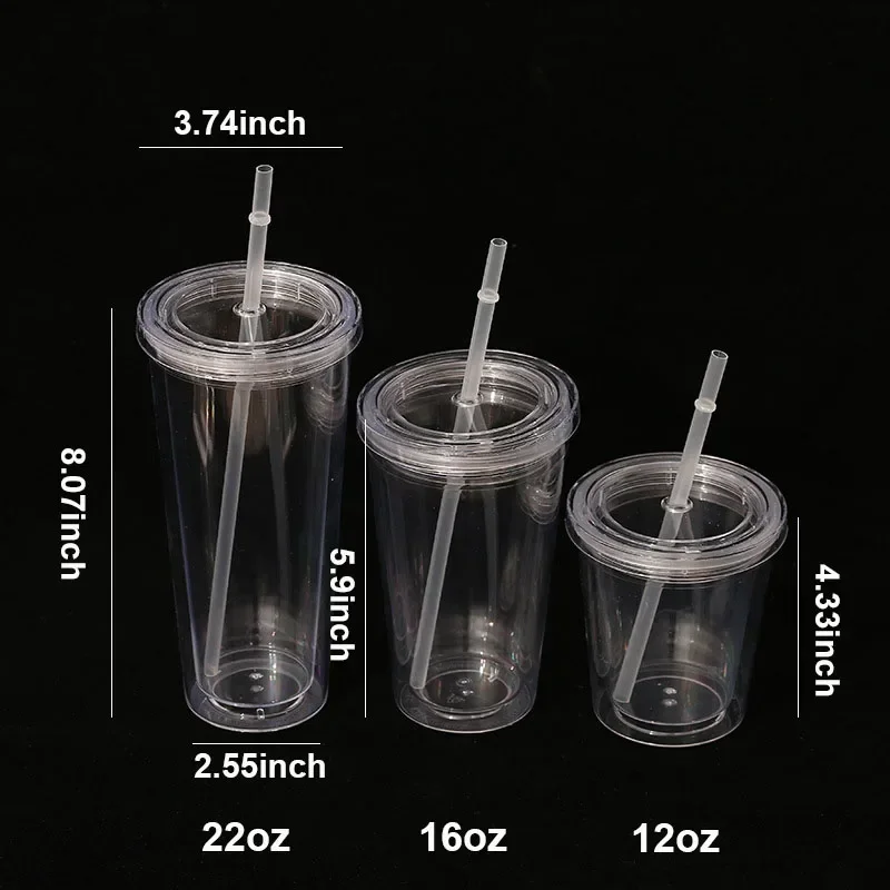 16oz/22oz Reusable Travel Ice Coffee Mugs Double Wall Insulate Clear Plastic Tumblers With Lid And Straws 1pcs,3pcs,12pcs/set
