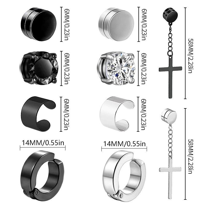 Clip Earrings 1 Pairs of Magnetic Clip Earrings Stainless Steel Stud Earrings for Men Women Black CZ Magnet Non-piercing Clip Earring Set