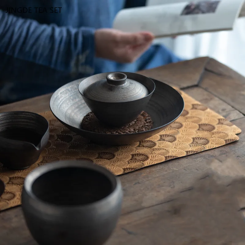 Vintage Gilt Glaze Kettle Bearing Handmade Pottery Dry Tea Table Water Storage Round Tea Tray Ceramic Teapot Mat Teaware