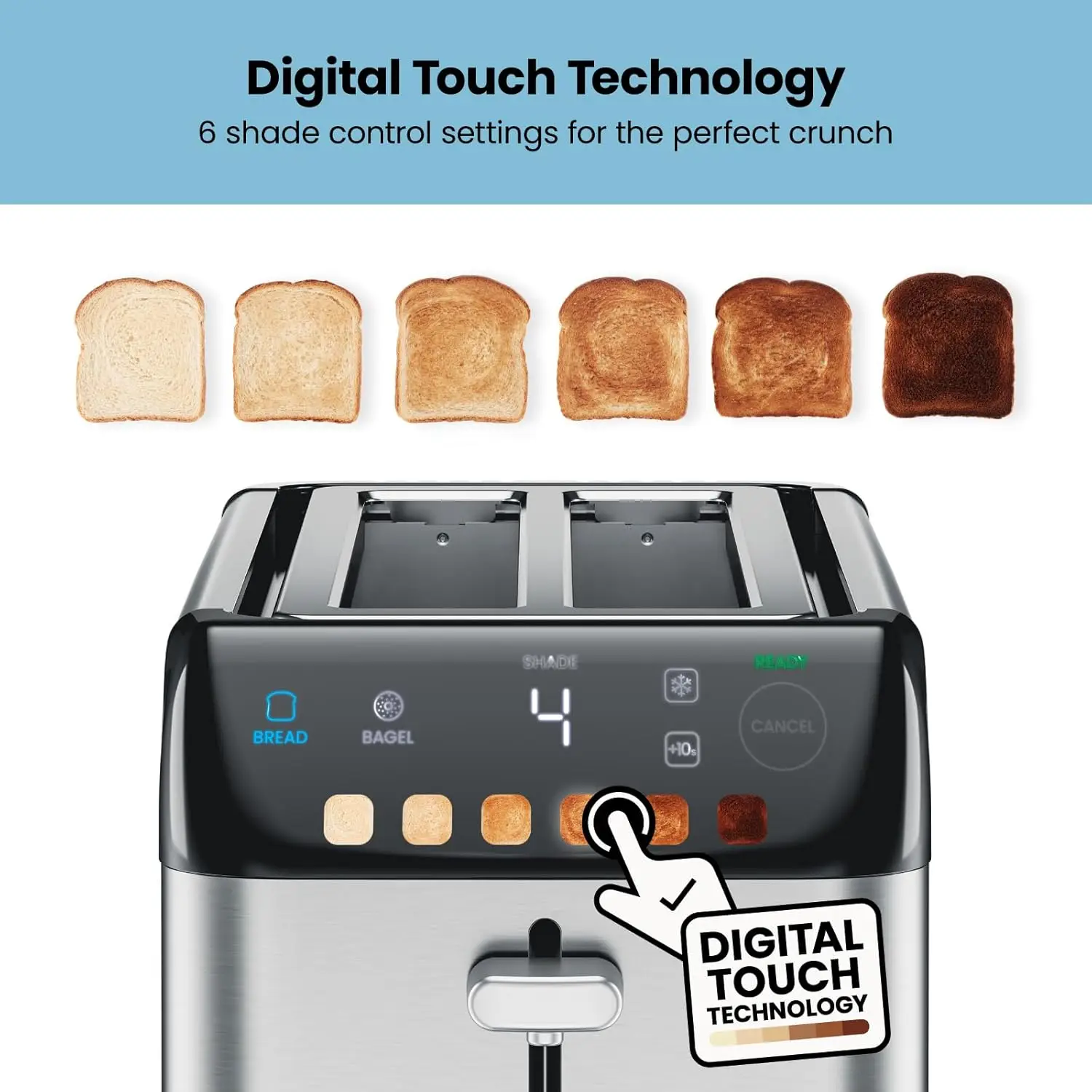 4 Slice Digital Toaster, 6 Shade Settings, Stainless Steel Toaster 4 Slice with Extra-Wide Slots, Thick Bread Toaster 3